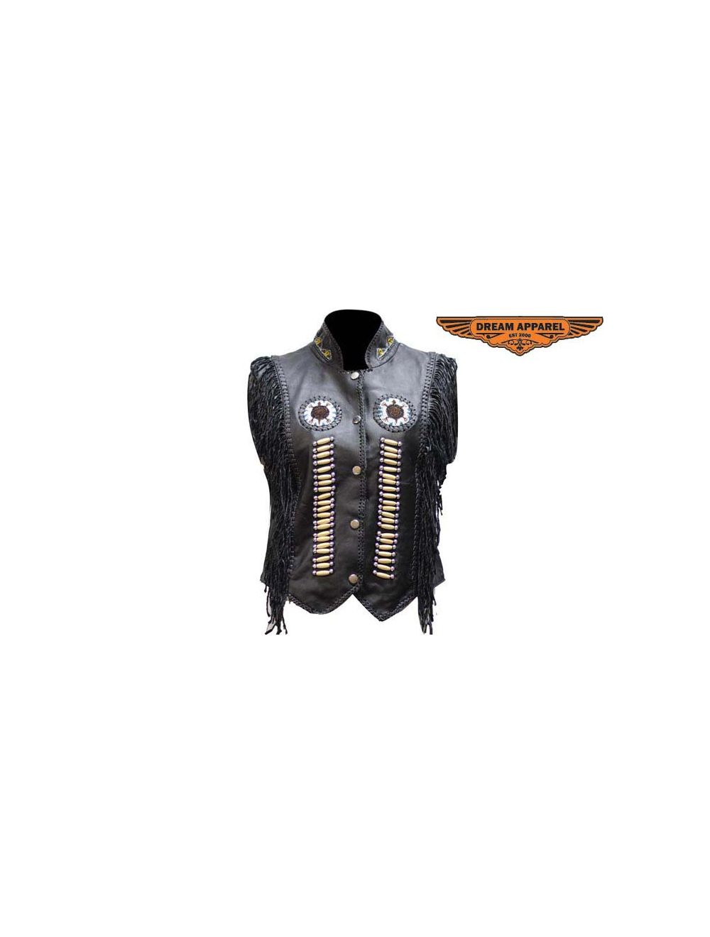 Women's Leather Vest with Nylon Lining Bone & Beads