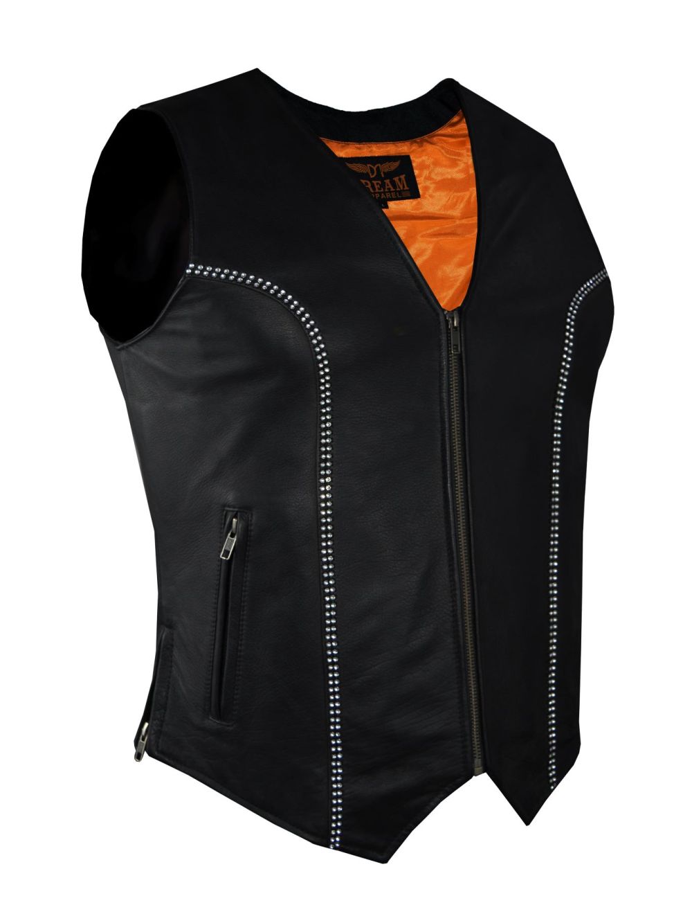 Women Zipper Front Vest with Bling, Side Zipper, Conceal Carry Pockets, Naked Cowhide Leather