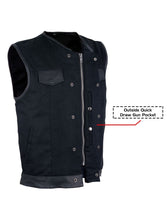 Load image into Gallery viewer, Men&#39;s Black Denim Biker Vest with Leather Trims &amp; Front Zipper
