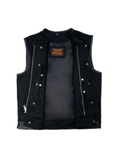 Load image into Gallery viewer, Men&#39;s Black Denim Biker Vest with Leather Trims &amp; Front Zipper
