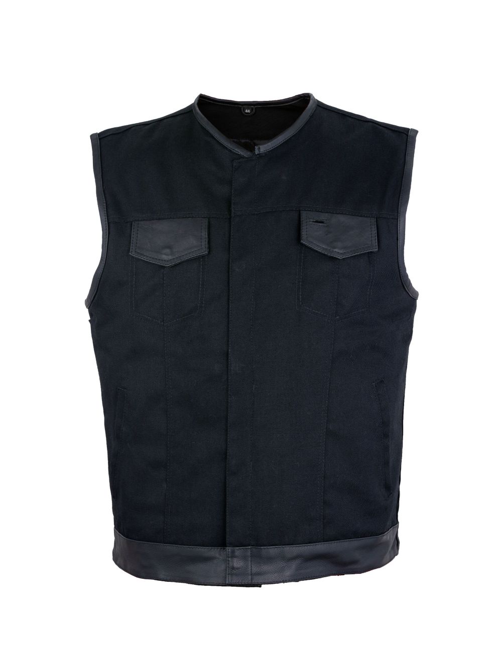 Men's Black Denim Biker Vest with Leather Trims & Front Zipper