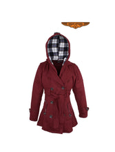 Load image into Gallery viewer, Ladies Burgundy Button Up Coat W/ Belt and Removable Hood
