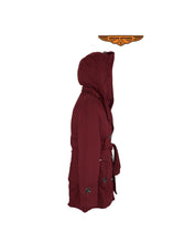 Load image into Gallery viewer, Ladies Burgundy Button Up Coat W/ Belt and Removable Hood
