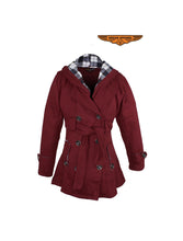 Load image into Gallery viewer, Ladies Burgundy Button Up Coat W/ Belt and Removable Hood
