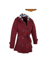 Load image into Gallery viewer, Ladies Burgundy Button Up Coat W/ Belt and Removable Hood
