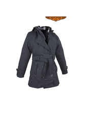 Load image into Gallery viewer, Ladies Dark Grey Button Up Coat W/ Belt and Removable Hood

