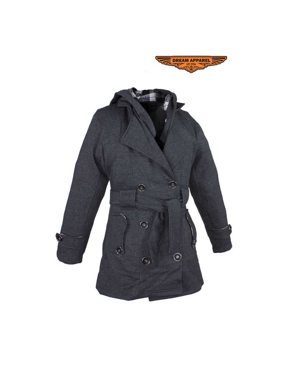Ladies Dark Grey Button Up Coat W/ Belt and Removable Hood