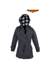 Load image into Gallery viewer, Ladies Dark Grey Button Up Coat W/ Belt and Removable Hood
