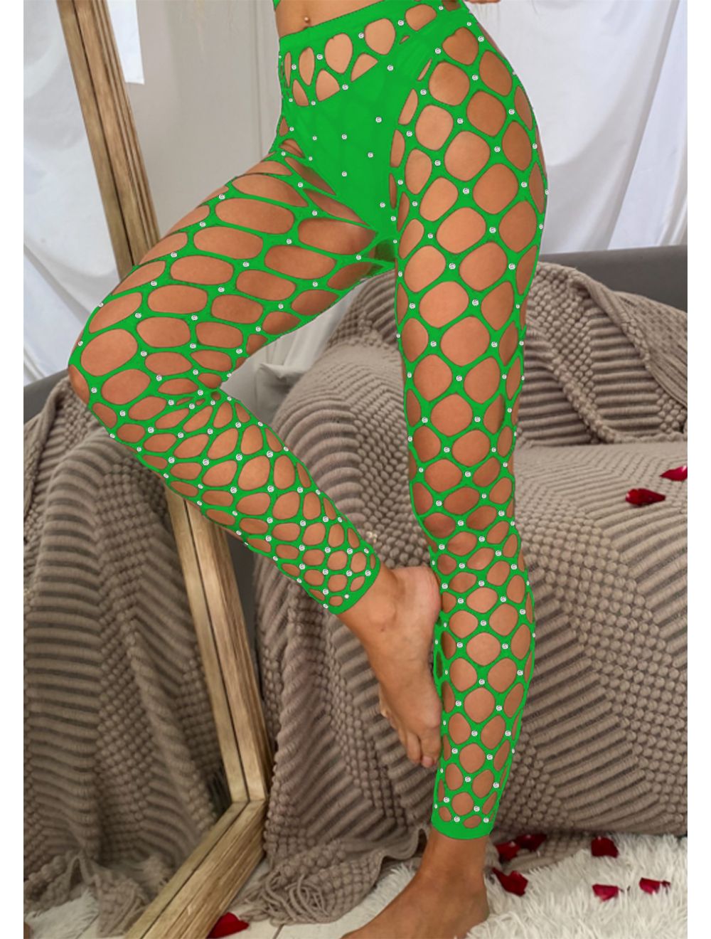 Dream Apparel Women Rhinestones Lingerie Green Fishnet Mesh Bling Bling Stockings Pants Pantyhose