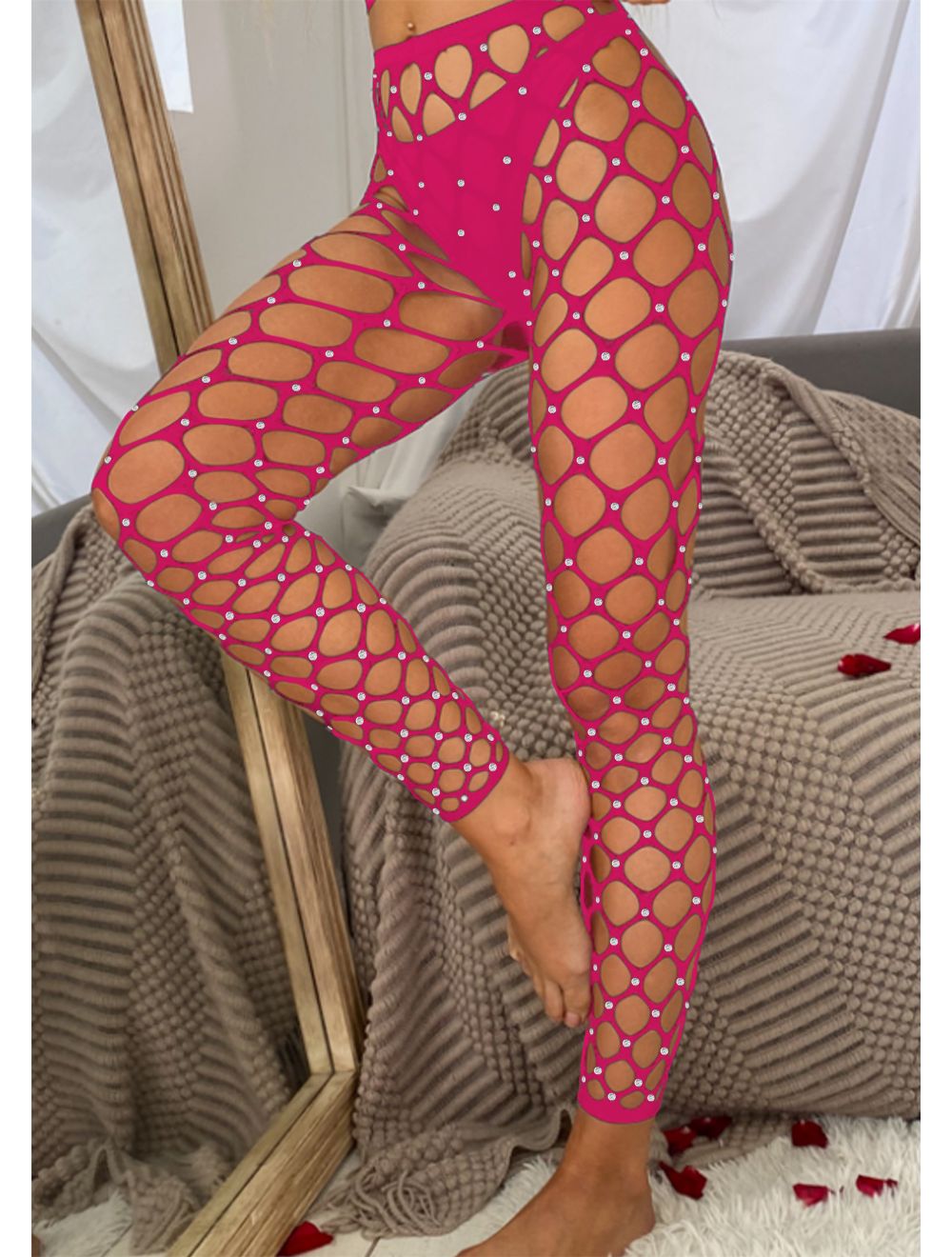 Dream Apparel Women Rhinestones Lingerie Hot Pink Fishnet Mesh Bling Bling Stockings Sexy Pantyhose