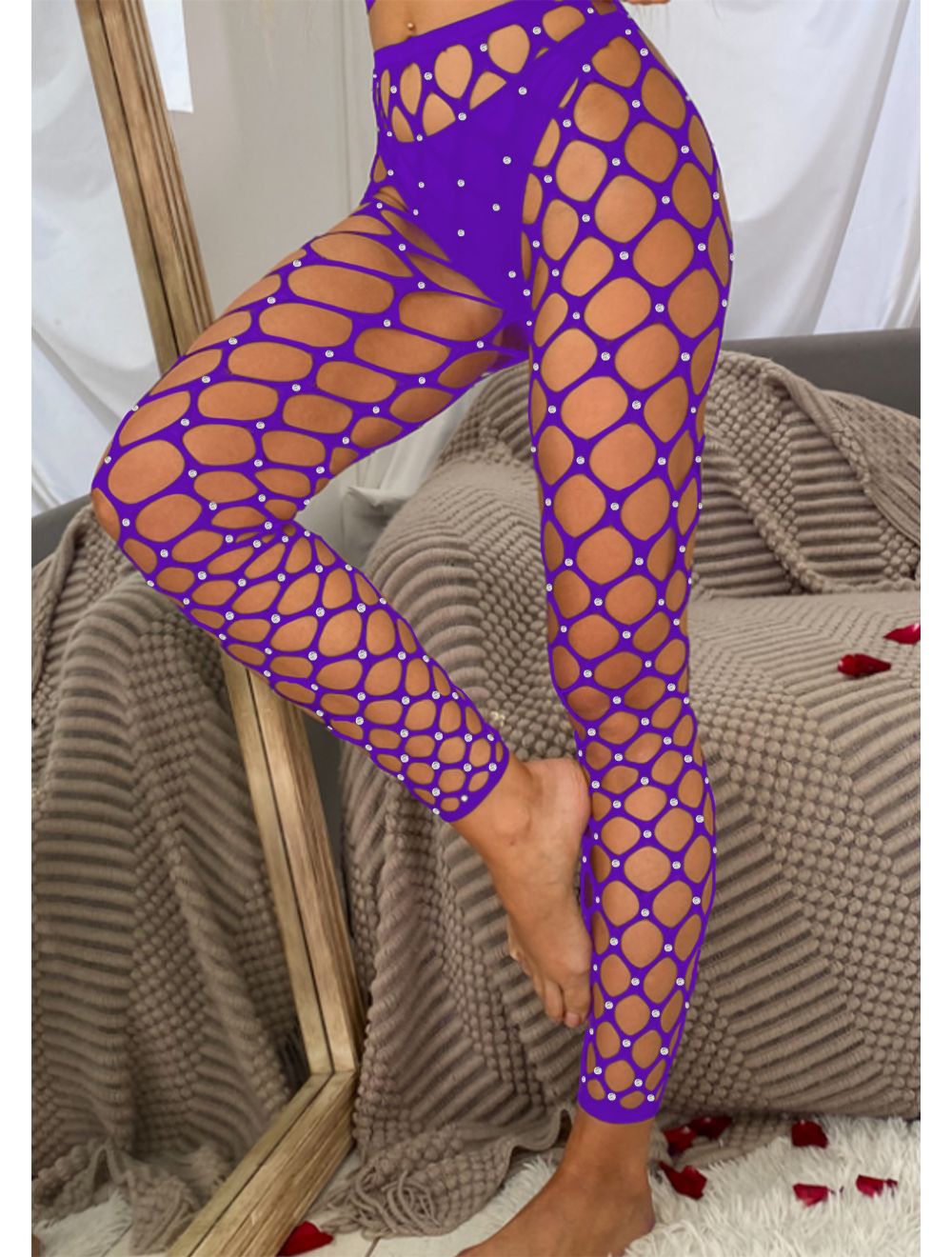 Dream Apparel Women's Rhinestones Lingerie Purple Fishnet Mesh Bling Bling Stockings Pants Pantyhose