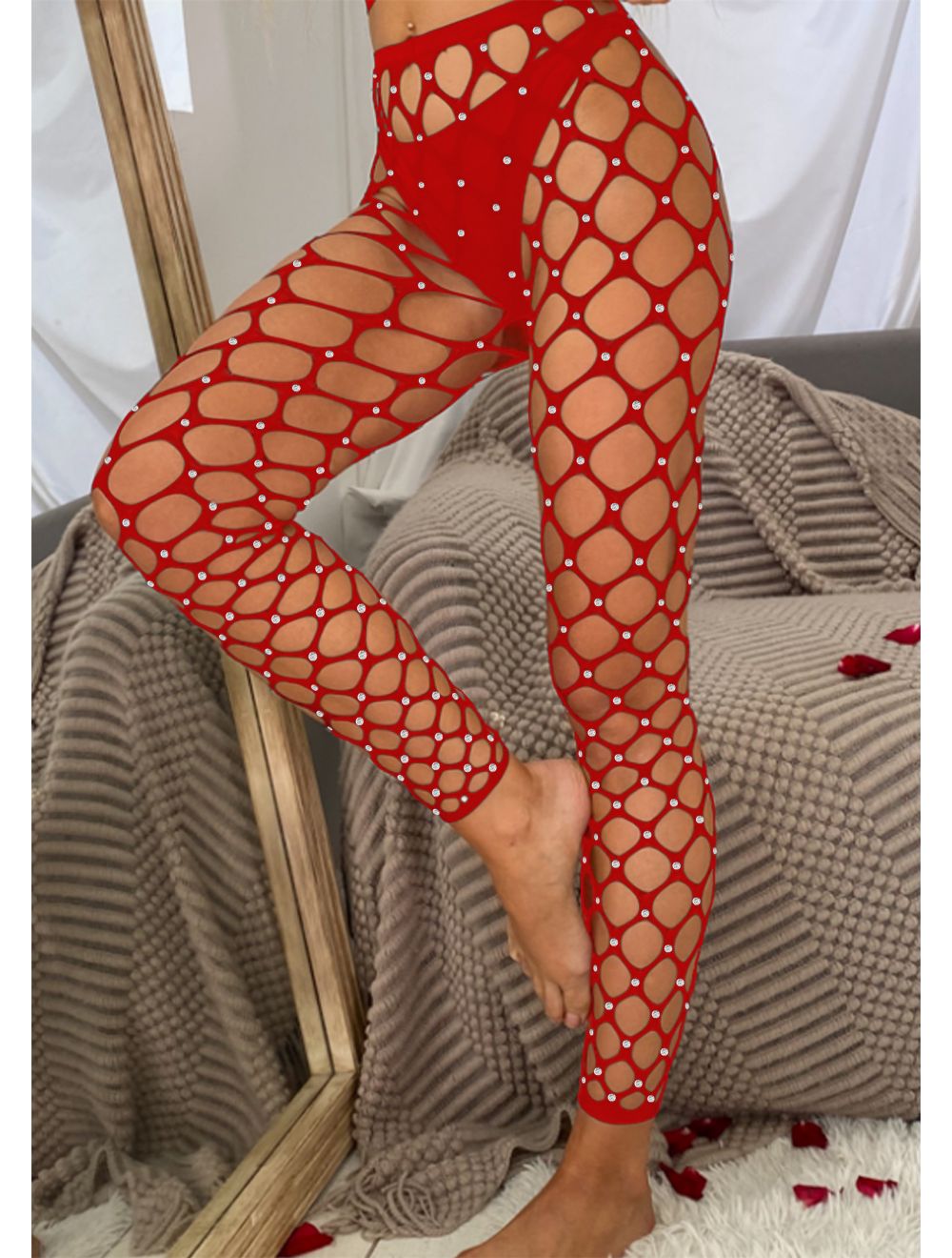 Dream Apparel Women's Rhinestones Lingerie Red Fishnet Mesh Bling Bling Stockings Sexy Pantyhose