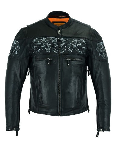 Men's Leather Concealed Carry Racing Jacket with Reflective Skulls Heavy Duty