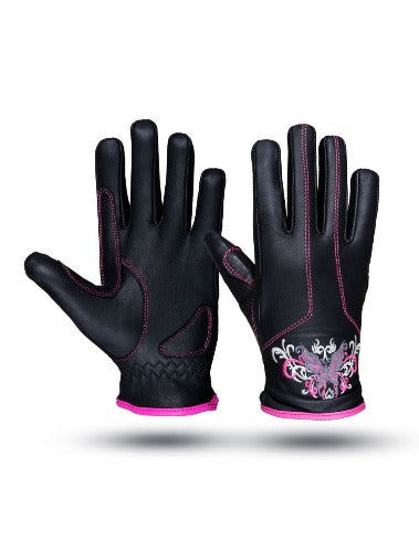 Pink & Silver Butterfly in a White Graphic Embroidered Leather Gloves