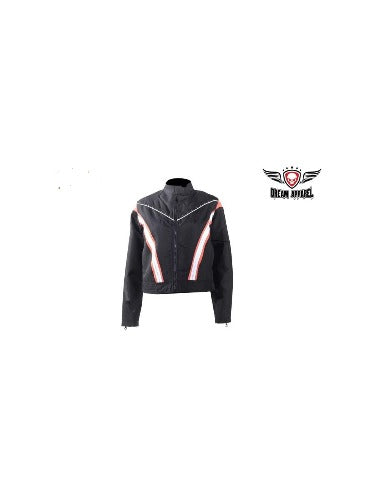 Women's Black Lightweight Racer Style Textile Jacket - Orange/White Strips And Studs