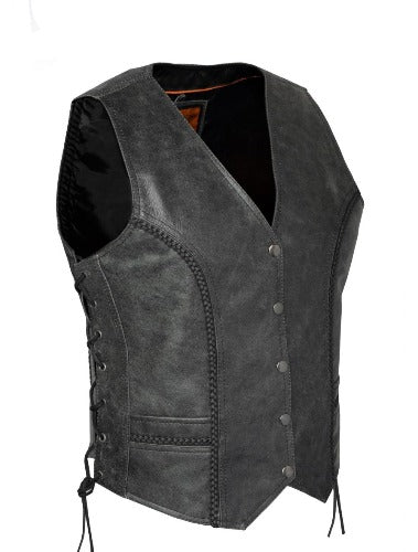 Women's Long Gray Motorcycle Vest with Braid