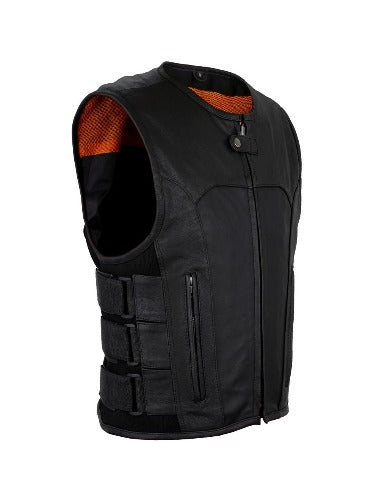 Men's Black Bullet Proof Style Leather Vest with Straps on Side